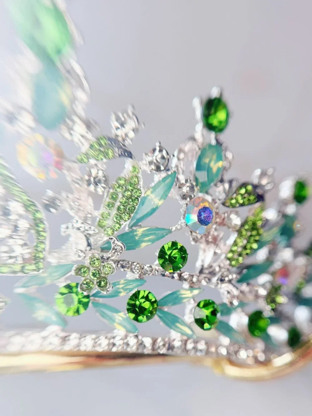 Green Peacock Crystal Tiara, Silver Rhinestone Crown, Wedding Pageant Prom crown